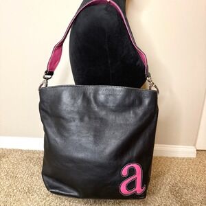 Women's Y2K Black Pink Leather Initial A Shoulder Bag Purse VTG Strap Name MED